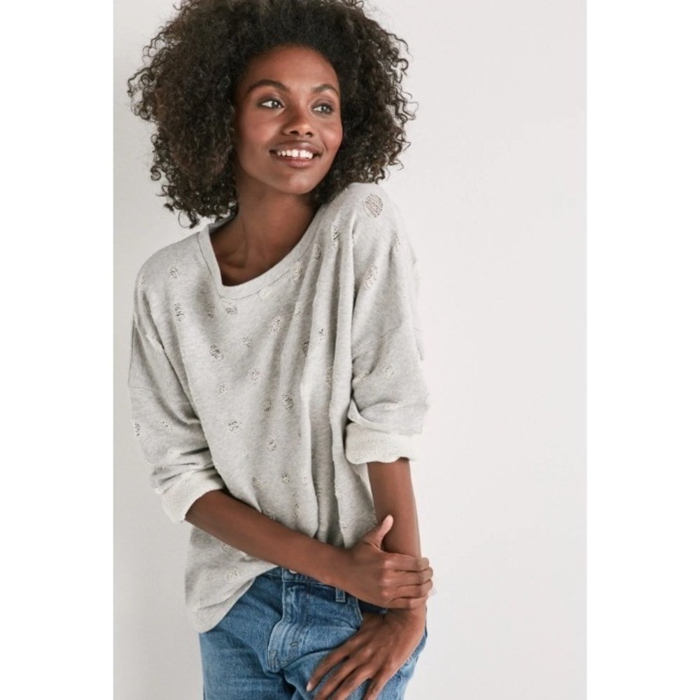 Lucky Brand Sweatshirt Womens XS Boho Burnout Polka Dot Gray NWT